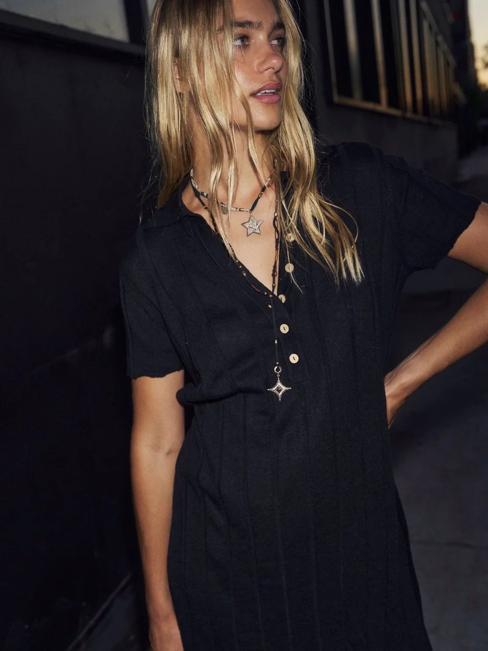 Free People Black Ribbed Short Sleeve Tunic & Pants Set